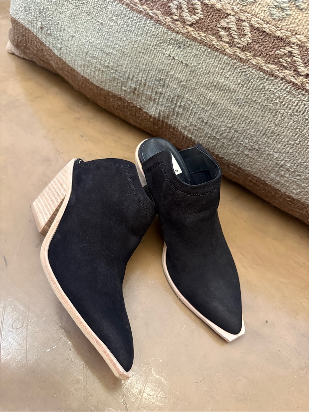 Dolce Vita Black Pointed Toe Suede Ankle Booties with Light Wood Block Heel